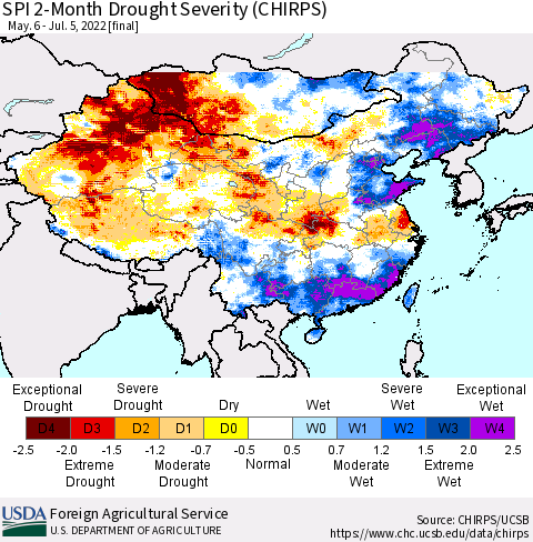China, Mongolia and Taiwan SPI 2-Month Drought Severity (CHIRPS) Thematic Map For 5/6/2022 - 7/5/2022