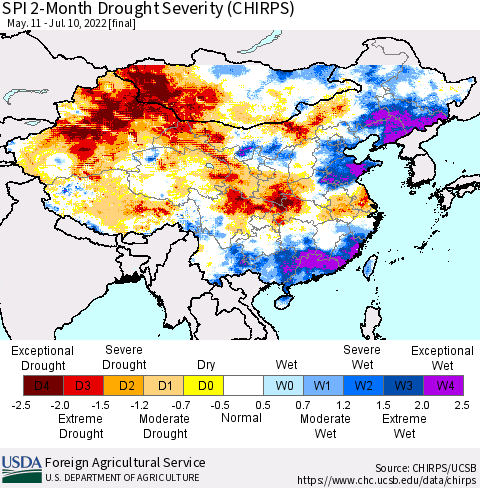 China, Mongolia and Taiwan SPI 2-Month Drought Severity (CHIRPS) Thematic Map For 5/11/2022 - 7/10/2022