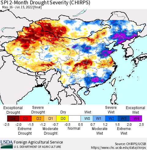 China, Mongolia and Taiwan SPI 2-Month Drought Severity (CHIRPS) Thematic Map For 5/16/2022 - 7/15/2022