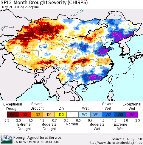 China, Mongolia and Taiwan SPI 2-Month Drought Severity (CHIRPS) Thematic Map For 5/21/2022 - 7/20/2022