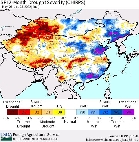 China, Mongolia and Taiwan SPI 2-Month Drought Severity (CHIRPS) Thematic Map For 5/26/2022 - 7/25/2022