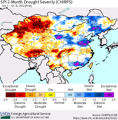 China, Mongolia and Taiwan SPI 2-Month Drought Severity (CHIRPS) Thematic Map For 6/1/2022 - 7/31/2022