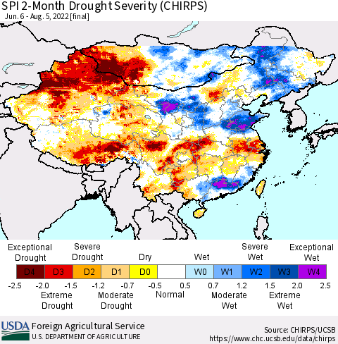 China, Mongolia and Taiwan SPI 2-Month Drought Severity (CHIRPS) Thematic Map For 6/6/2022 - 8/5/2022