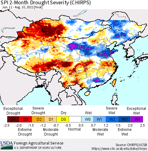 China, Mongolia and Taiwan SPI 2-Month Drought Severity (CHIRPS) Thematic Map For 6/11/2022 - 8/10/2022