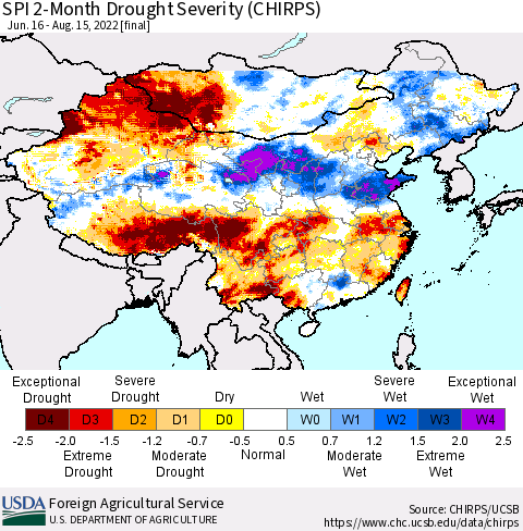 China, Mongolia and Taiwan SPI 2-Month Drought Severity (CHIRPS) Thematic Map For 6/16/2022 - 8/15/2022