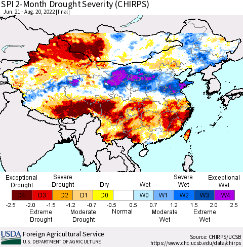 China, Mongolia and Taiwan SPI 2-Month Drought Severity (CHIRPS) Thematic Map For 6/21/2022 - 8/20/2022