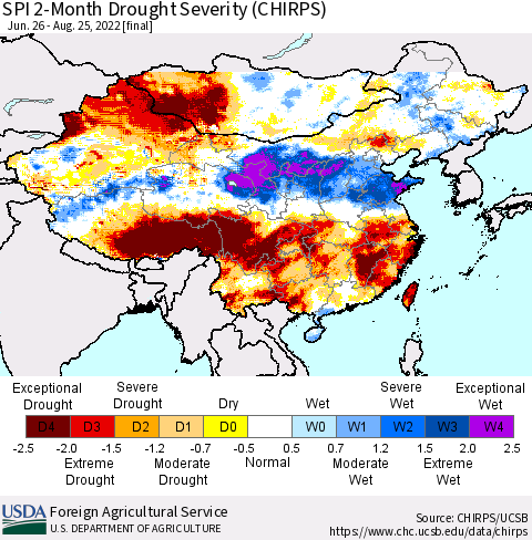 China, Mongolia and Taiwan SPI 2-Month Drought Severity (CHIRPS) Thematic Map For 6/26/2022 - 8/25/2022