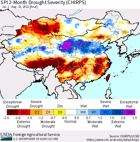 China, Mongolia and Taiwan SPI 2-Month Drought Severity (CHIRPS) Thematic Map For 7/1/2022 - 8/31/2022