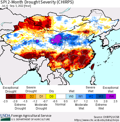 China, Mongolia and Taiwan SPI 2-Month Drought Severity (CHIRPS) Thematic Map For 7/6/2022 - 9/5/2022