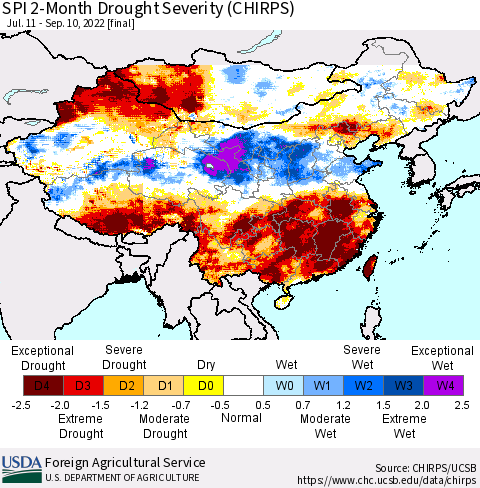 China, Mongolia and Taiwan SPI 2-Month Drought Severity (CHIRPS) Thematic Map For 7/11/2022 - 9/10/2022