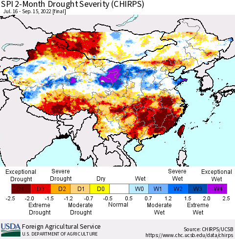 China, Mongolia and Taiwan SPI 2-Month Drought Severity (CHIRPS) Thematic Map For 7/16/2022 - 9/15/2022