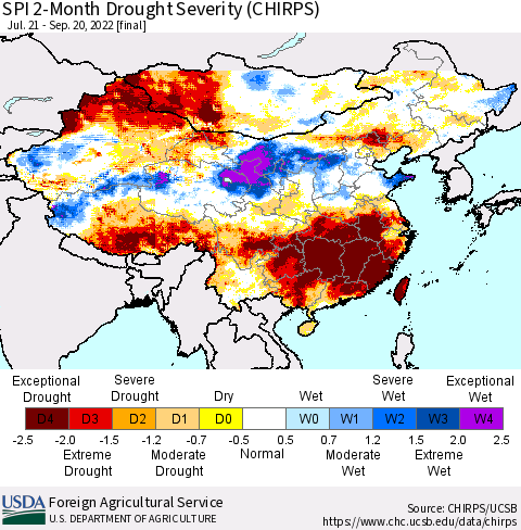 China, Mongolia and Taiwan SPI 2-Month Drought Severity (CHIRPS) Thematic Map For 7/21/2022 - 9/20/2022