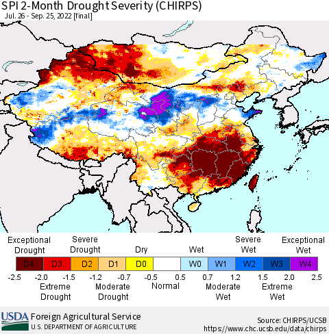 China, Mongolia and Taiwan SPI 2-Month Drought Severity (CHIRPS) Thematic Map For 7/26/2022 - 9/25/2022