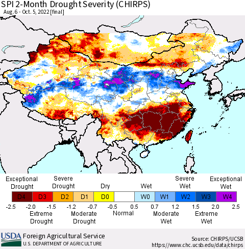 China, Mongolia and Taiwan SPI 2-Month Drought Severity (CHIRPS) Thematic Map For 8/6/2022 - 10/5/2022