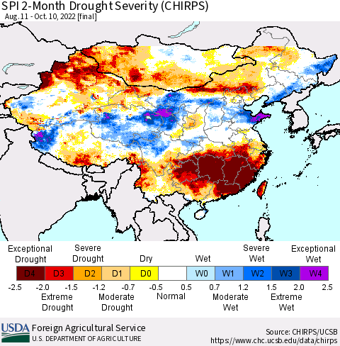 China, Mongolia and Taiwan SPI 2-Month Drought Severity (CHIRPS) Thematic Map For 8/11/2022 - 10/10/2022