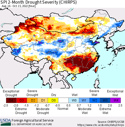 China, Mongolia and Taiwan SPI 2-Month Drought Severity (CHIRPS) Thematic Map For 8/16/2022 - 10/15/2022