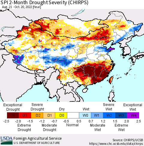 China, Mongolia and Taiwan SPI 2-Month Drought Severity (CHIRPS) Thematic Map For 8/21/2022 - 10/20/2022