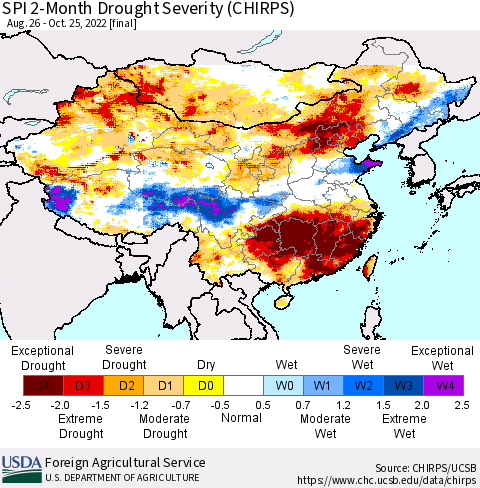 China, Mongolia and Taiwan SPI 2-Month Drought Severity (CHIRPS) Thematic Map For 8/26/2022 - 10/25/2022