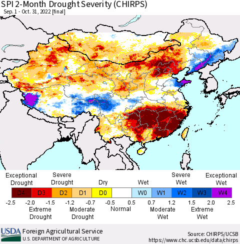 China, Mongolia and Taiwan SPI 2-Month Drought Severity (CHIRPS) Thematic Map For 9/1/2022 - 10/31/2022