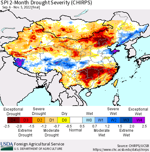 China, Mongolia and Taiwan SPI 2-Month Drought Severity (CHIRPS) Thematic Map For 9/6/2022 - 11/5/2022