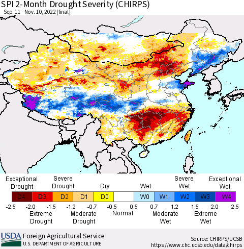 China, Mongolia and Taiwan SPI 2-Month Drought Severity (CHIRPS) Thematic Map For 9/11/2022 - 11/10/2022
