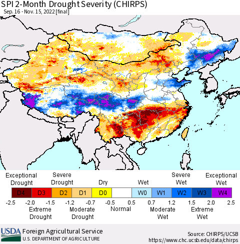 China, Mongolia and Taiwan SPI 2-Month Drought Severity (CHIRPS) Thematic Map For 9/16/2022 - 11/15/2022
