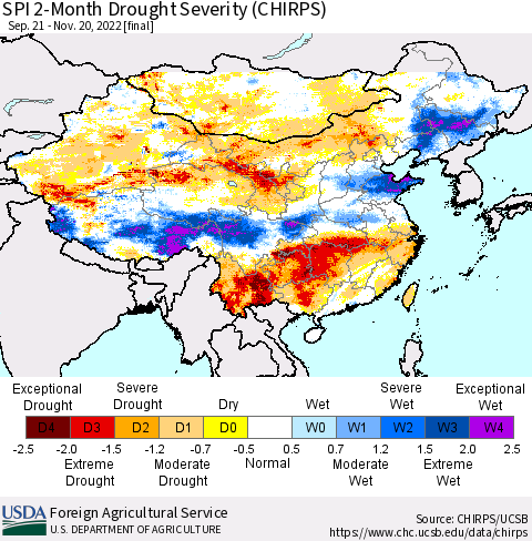 China, Mongolia and Taiwan SPI 2-Month Drought Severity (CHIRPS) Thematic Map For 9/21/2022 - 11/20/2022