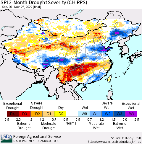 China, Mongolia and Taiwan SPI 2-Month Drought Severity (CHIRPS) Thematic Map For 9/26/2022 - 11/25/2022