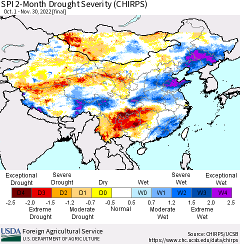 China, Mongolia and Taiwan SPI 2-Month Drought Severity (CHIRPS) Thematic Map For 10/1/2022 - 11/30/2022