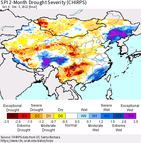 China, Mongolia and Taiwan SPI 2-Month Drought Severity (CHIRPS) Thematic Map For 10/6/2022 - 12/5/2022