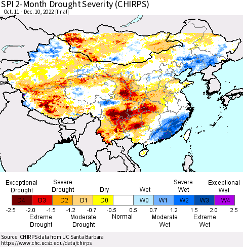 China, Mongolia and Taiwan SPI 2-Month Drought Severity (CHIRPS) Thematic Map For 10/11/2022 - 12/10/2022