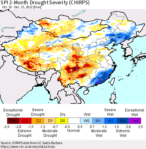 China, Mongolia and Taiwan SPI 2-Month Drought Severity (CHIRPS) Thematic Map For 10/16/2022 - 12/15/2022