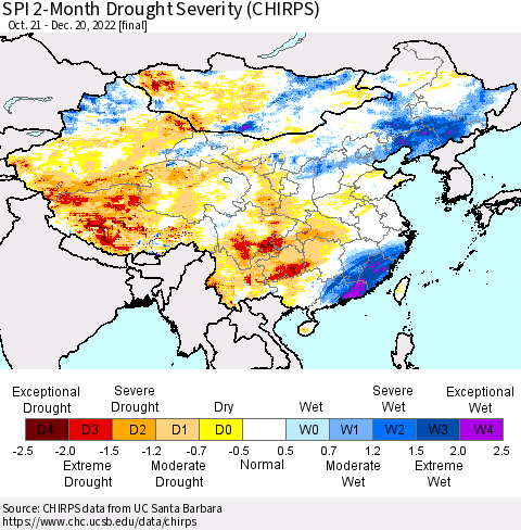 China, Mongolia and Taiwan SPI 2-Month Drought Severity (CHIRPS) Thematic Map For 10/21/2022 - 12/20/2022