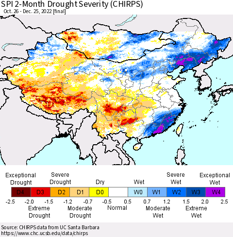 China, Mongolia and Taiwan SPI 2-Month Drought Severity (CHIRPS) Thematic Map For 10/26/2022 - 12/25/2022