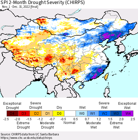 China, Mongolia and Taiwan SPI 2-Month Drought Severity (CHIRPS) Thematic Map For 11/1/2022 - 12/31/2022