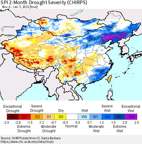 China, Mongolia and Taiwan SPI 2-Month Drought Severity (CHIRPS) Thematic Map For 11/6/2022 - 1/5/2023