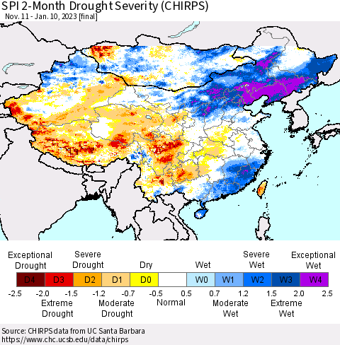 China, Mongolia and Taiwan SPI 2-Month Drought Severity (CHIRPS) Thematic Map For 11/11/2022 - 1/10/2023