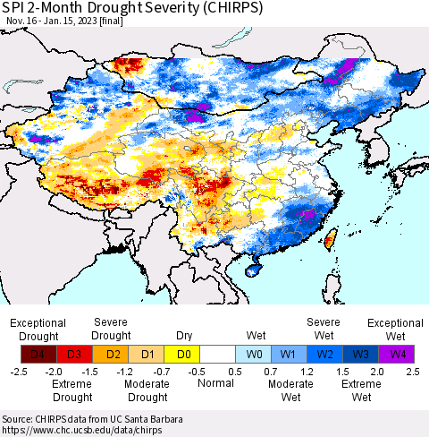 China, Mongolia and Taiwan SPI 2-Month Drought Severity (CHIRPS) Thematic Map For 11/16/2022 - 1/15/2023