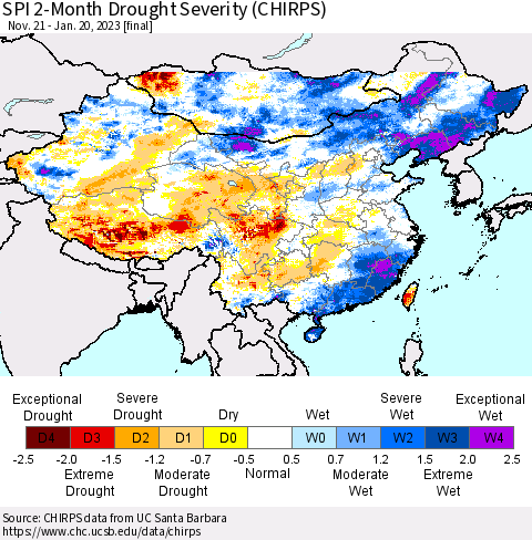 China, Mongolia and Taiwan SPI 2-Month Drought Severity (CHIRPS) Thematic Map For 11/21/2022 - 1/20/2023