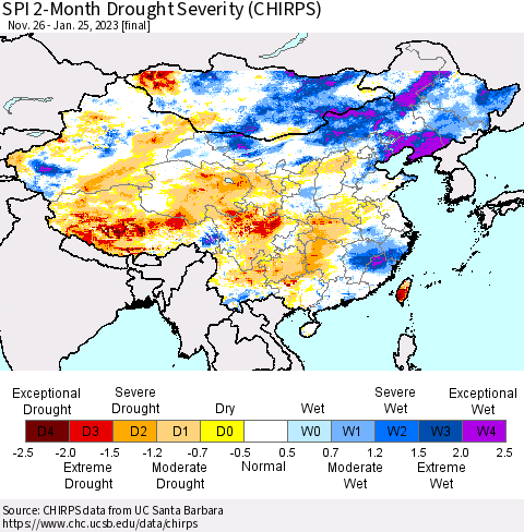 China, Mongolia and Taiwan SPI 2-Month Drought Severity (CHIRPS) Thematic Map For 11/26/2022 - 1/25/2023