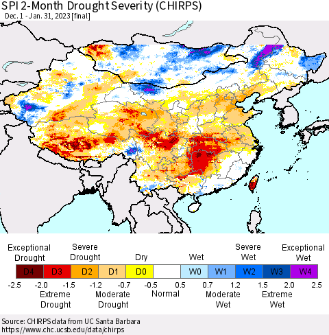 China, Mongolia and Taiwan SPI 2-Month Drought Severity (CHIRPS) Thematic Map For 12/1/2022 - 1/31/2023