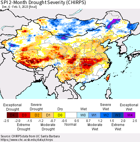 China, Mongolia and Taiwan SPI 2-Month Drought Severity (CHIRPS) Thematic Map For 12/6/2022 - 2/5/2023