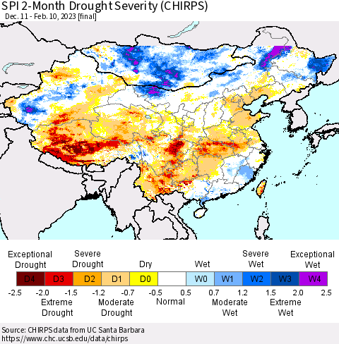 China, Mongolia and Taiwan SPI 2-Month Drought Severity (CHIRPS) Thematic Map For 12/11/2022 - 2/10/2023