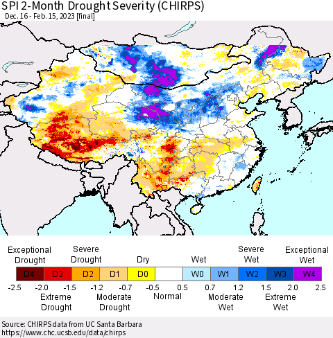 China, Mongolia and Taiwan SPI 2-Month Drought Severity (CHIRPS) Thematic Map For 12/16/2022 - 2/15/2023