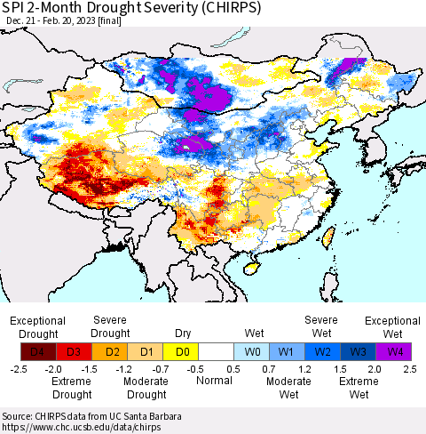 China, Mongolia and Taiwan SPI 2-Month Drought Severity (CHIRPS) Thematic Map For 12/21/2022 - 2/20/2023