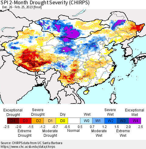 China, Mongolia and Taiwan SPI 2-Month Drought Severity (CHIRPS) Thematic Map For 12/26/2022 - 2/25/2023