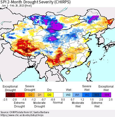 China, Mongolia and Taiwan SPI 2-Month Drought Severity (CHIRPS) Thematic Map For 1/1/2023 - 2/28/2023