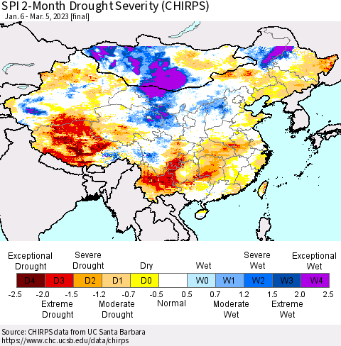 China, Mongolia and Taiwan SPI 2-Month Drought Severity (CHIRPS) Thematic Map For 1/6/2023 - 3/5/2023
