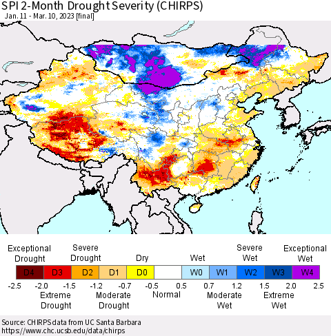 China, Mongolia and Taiwan SPI 2-Month Drought Severity (CHIRPS) Thematic Map For 1/11/2023 - 3/10/2023