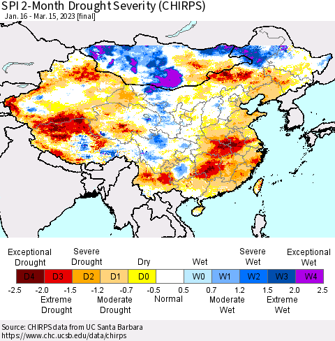 China, Mongolia and Taiwan SPI 2-Month Drought Severity (CHIRPS) Thematic Map For 1/16/2023 - 3/15/2023